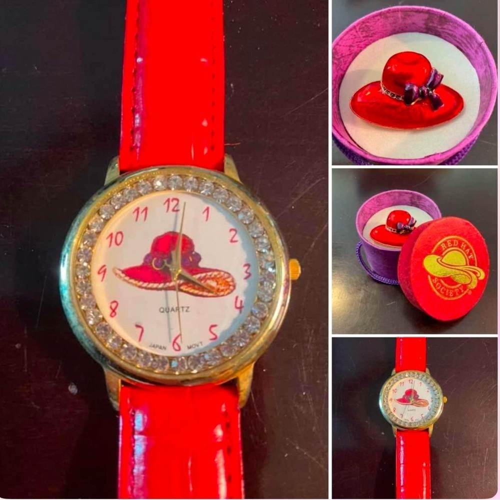 Vintagee Red Hat Society watch, brooch, brooch box and badge or eyeglass holder